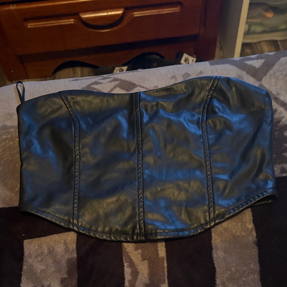 Black Strapless Faux Leather Top